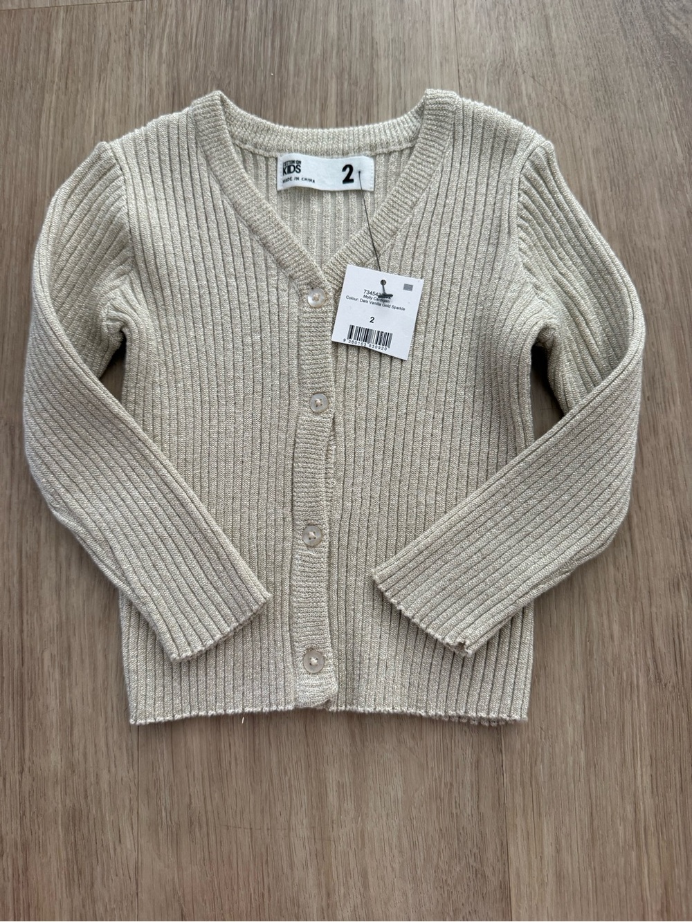 Cotton On Kids Ribbed Button-Front Cardigan in Light Beige Sparkle